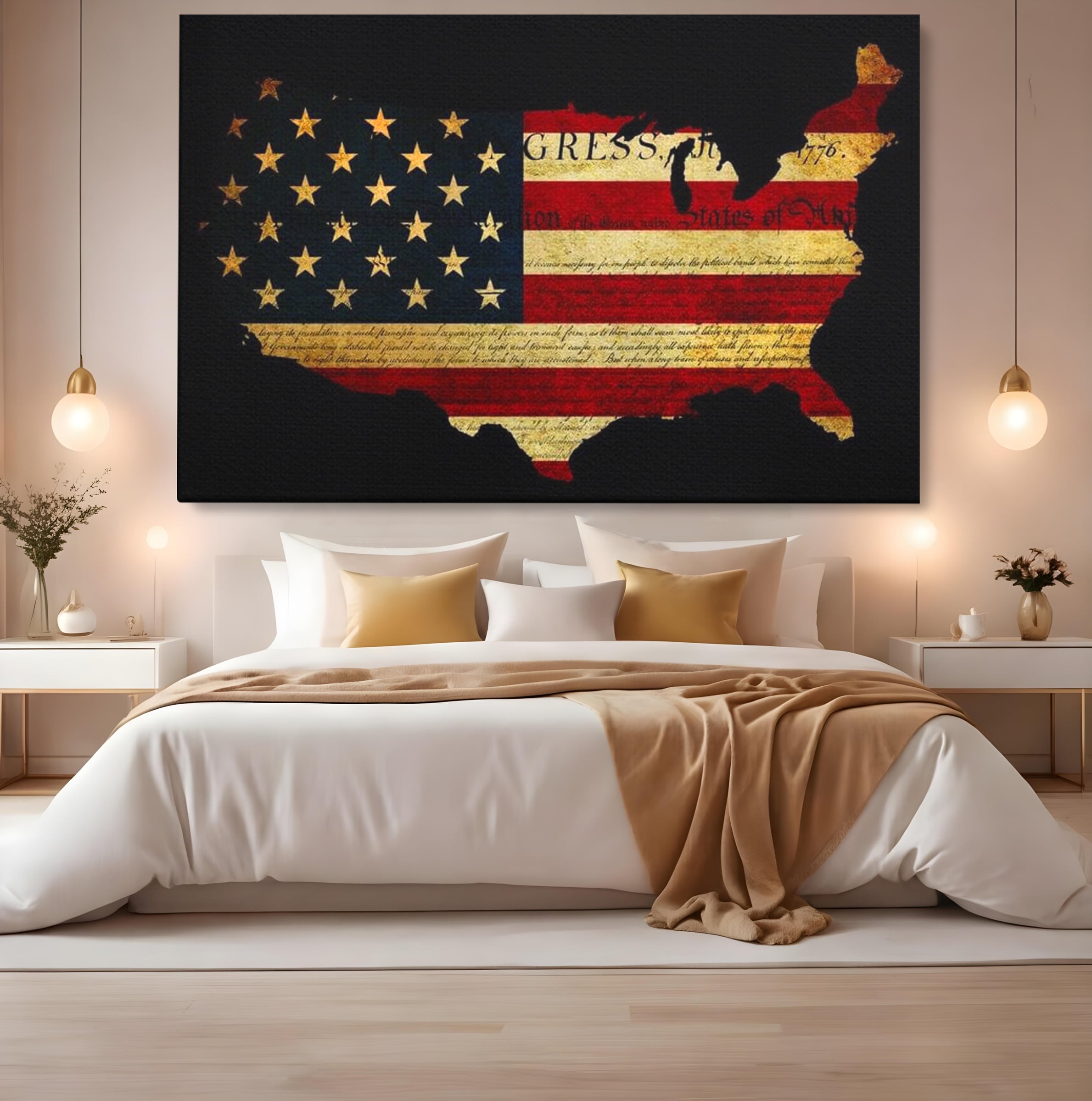 Tablou canvas cu tablou canvas cu harta statelor unite si steagul american, fara rama, pe sasiu de lemn, pe perete intr-un dormitor
